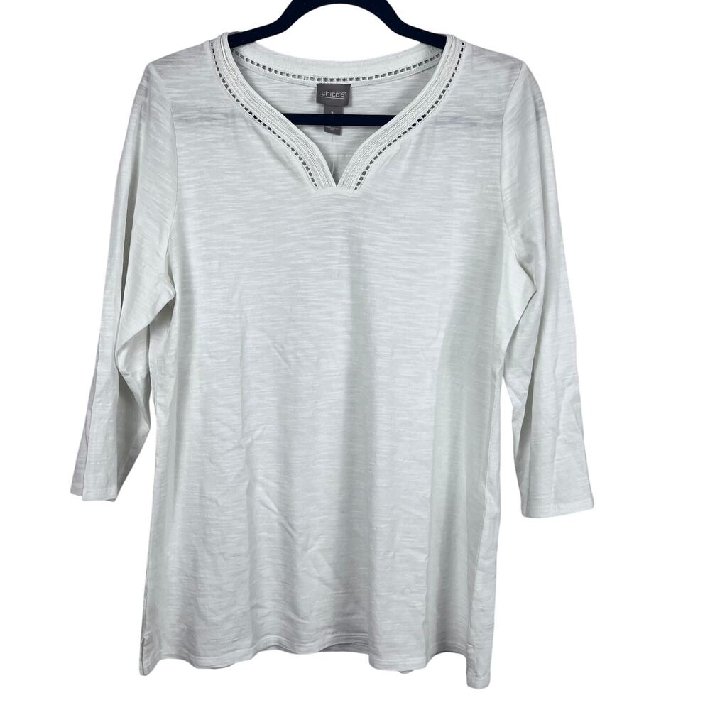 NWT: Chico's White‎ Top Women's 1 (M) Beaded 3/4 Sleeves 100% Cotton (F535)